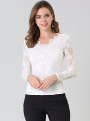 Floral Embroidery Sheer Long Sleeve Lace Blouse Top