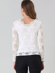 Floral Embroidery Sheer Long Sleeve Lace Blouse Top