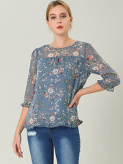 Casual Ruffle Floral Print 3/4 Sleeve Chiffon Blouse