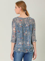Casual Ruffle Floral Print 3/4 Sleeve Chiffon Blouse
