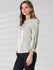 Ruffle Neck Bubble Sleeve Elastic Cuff Button Satin Blouse