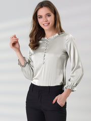 Ruffle Neck Bubble Sleeve Elastic Cuff Button Satin Blouse