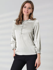 Ruffle Neck Bubble Sleeve Elastic Cuff Button Satin Blouse