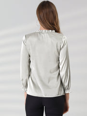 Ruffle Neck Bubble Sleeve Elastic Cuff Button Satin Blouse