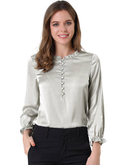 Ruffle Neck Bubble Sleeve Elastic Cuff Button Satin Blouse