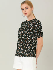 Floral Crew Neck Ruched Sleeve Casual Blouse