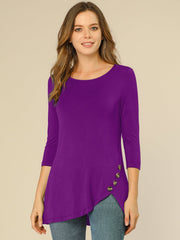 3/4 Sleeve Round Neck Button Decor Casual Stretchy Tunic Tops