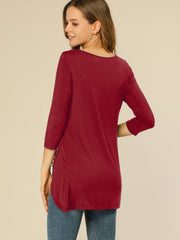 3/4 Sleeve Round Neck Button Decor Casual Stretchy Tunic Tops