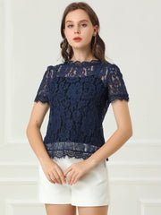 Lace Floral Scalloped Trim Short Sleeve Semi Sheer Blouse