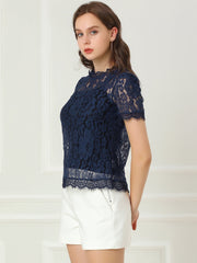 Lace Floral Scalloped Trim Short Sleeve Semi Sheer Blouse