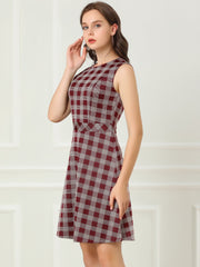 Plaid Sleeveless Fit and Flare Houndstooth Work Dress