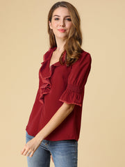Ruffle Puff Sleeve Lace Trim Chiffon Peasant Blouse
