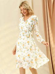 Chiffon Floral V Neck Tie Waist Bishop Sleeve Casual Wrap Midi Dress