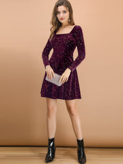 Christmas Stars Square Neck Vintage Velvet Mini Dress