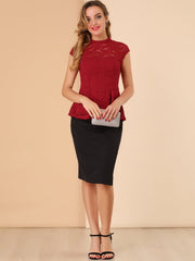 Crochet Peplum Floral Mock Neck Cap Sleeve Lace Blouse