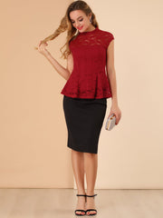 Crochet Peplum Floral Mock Neck Cap Sleeve Lace Blouse