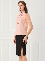 Bow Tie V Neck Stand Collar Short Mesh Sleeve Blouse