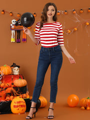 Striped 3/4 Sleeve Round Neck Casual T-Shirt