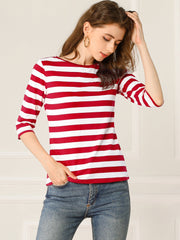 Striped 3/4 Sleeve Round Neck Casual T-Shirt