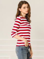 Striped 3/4 Sleeve Round Neck Casual T-Shirt