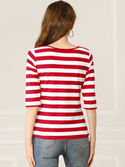 Striped 3/4 Sleeve Round Neck Casual T-Shirt