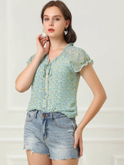 Ditsy Floral Print Chiffon Short Sleeve Ruffle Blouse