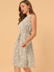 Floral Drawstring Waist Sleeveless A-Line Midi Dress Sundress