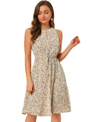 Floral Drawstring Waist Sleeveless A-Line Midi Dress Sundress