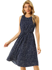 Floral Drawstring Waist Sleeveless A-Line Midi Dress Sundress