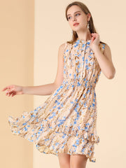 Floral A-line Smocked Waist Tiered Ruffled Chiffon Mini Dress