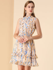 Floral A-line Smocked Waist Tiered Ruffled Chiffon Mini Dress