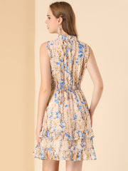 Floral A-line Smocked Waist Tiered Ruffled Chiffon Mini Dress