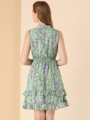 Floral A-line Smocked Waist Tiered Ruffled Chiffon Mini Dress