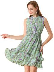 Floral A-line Smocked Waist Tiered Ruffled Chiffon Mini Dress