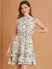 Floral A-line Smocked Waist Tiered Ruffled Chiffon Mini Dress