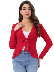 Women's Tie Front Knit Ruffled Long Sleeve Open Cardigan