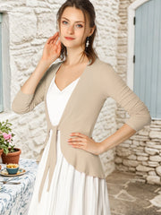 Women's Tie Front Knit Ruffled Long Sleeve Open Cardigan