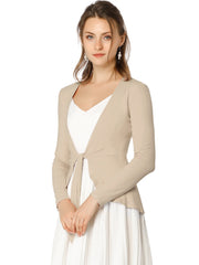 Women's Tie Front Knit Ruffled Long Sleeve Open Cardigan