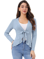 Women's Tie Front Knit Ruffled Long Sleeve Open Cardigan