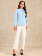 Peter Pan Collar Chiffon Bow Tie Neck Puff Sleeve Button Blouse