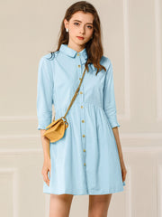 Ruched 3/4 Sleeve Button Up Casual Mini Shirt Dress