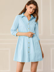 Ruched 3/4 Sleeve Button Up Casual Mini Shirt Dress