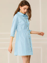 Ruched 3/4 Sleeve Button Up Casual Mini Shirt Dress