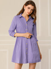 Ruched 3/4 Sleeve Button Up Casual Mini Shirt Dress