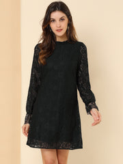 Lace Floral Ruffle Crew Neck Cocktail Mini Dress