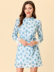 Lace Floral Ruffle Crew Neck Cocktail Mini Dress