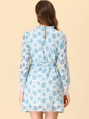 Lace Floral Ruffle Crew Neck Cocktail Mini Dress
