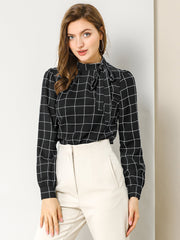 Bow Tie Neck Grid Checks Shirt Office Work Tops Blouse