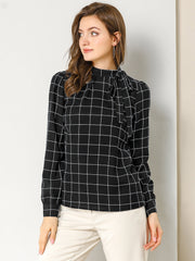 Bow Tie Neck Grid Checks Shirt Office Work Tops Blouse