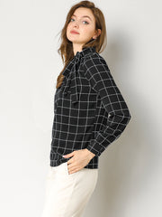 Bow Tie Neck Grid Checks Shirt Office Work Tops Blouse